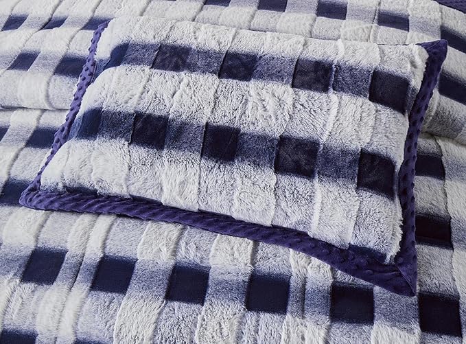 Lightweight Quilted Checkered Pattern Fur Bedspread Comforter with Pillow Case