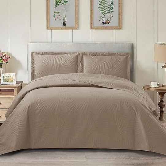 Embossed Quilted Tropical Leaf Bedspread Comforter With Pillow Case