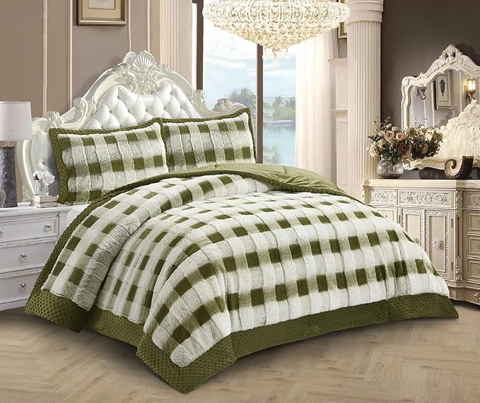 Lightweight Quilted Checkered Pattern Fur Bedspread Comforter with Pillow Case