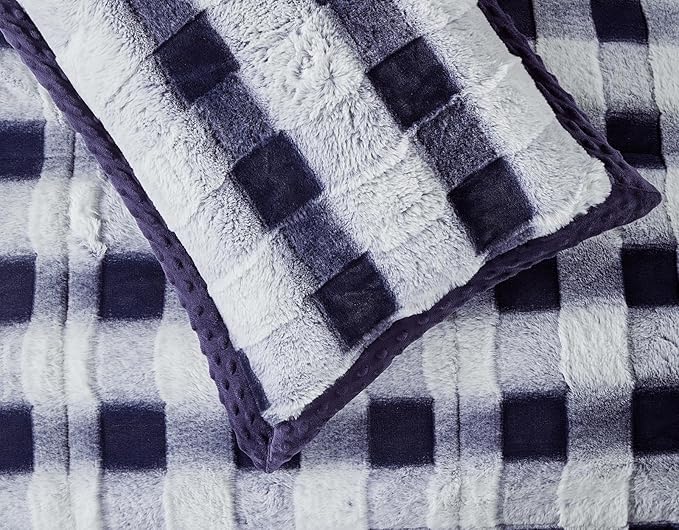 Lightweight Quilted Checkered Pattern Fur Bedspread Comforter with Pillow Case