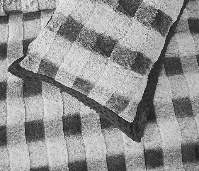 Lightweight Quilted Checkered Pattern Fur Bedspread Comforter with Pillow Case
