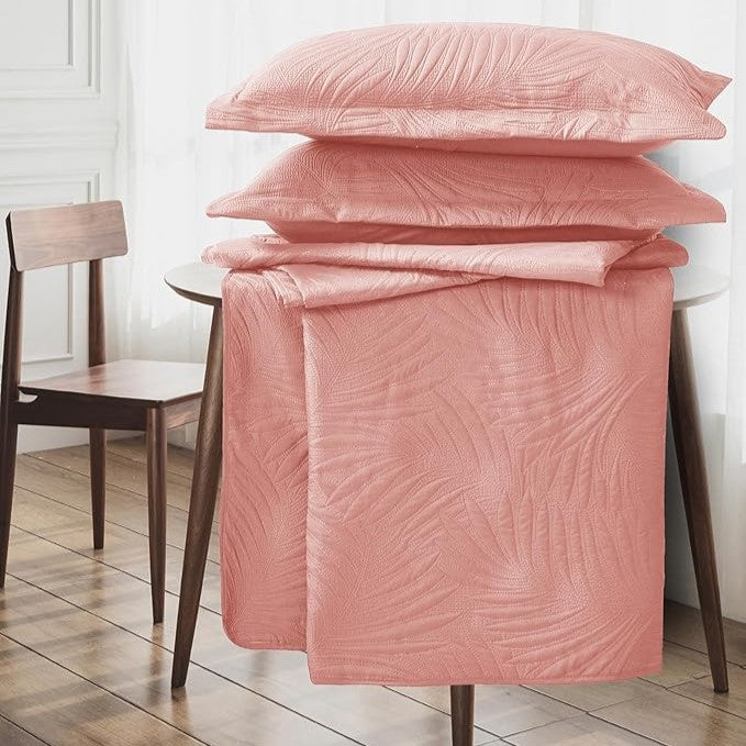 Embossed Quilted Tropical Leaf Bedspread Comforter With Pillow Case