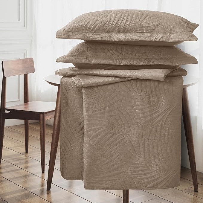 Embossed Quilted Tropical Leaf Bedspread Comforter With Pillow Case