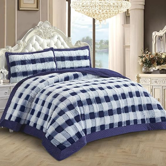 Lightweight Quilted Checkered Pattern Fur Bedspread Comforter with Pillow Case
