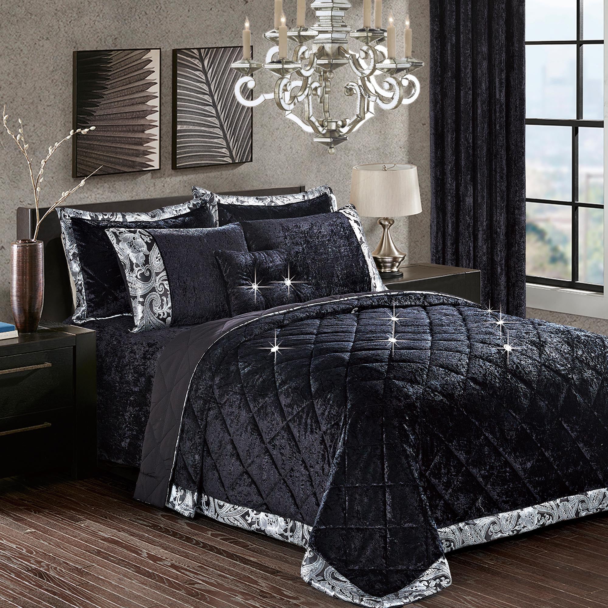 Santiago Crushed Velvet Quilted Bedspread Comforter with Pillow Case