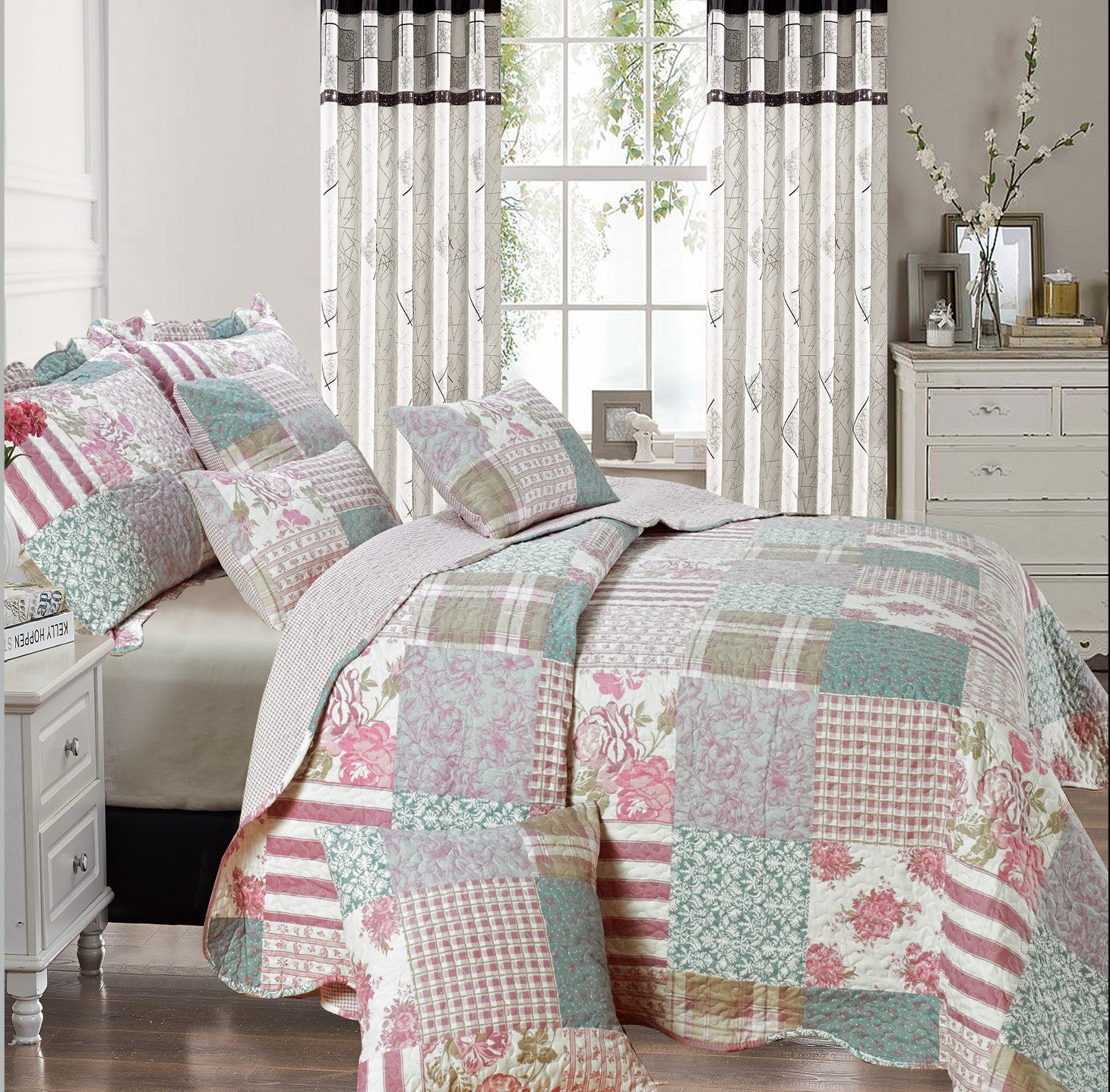 Luxury Quilted Patchwork Embroidered Bedspread Comforter with Pillow Case