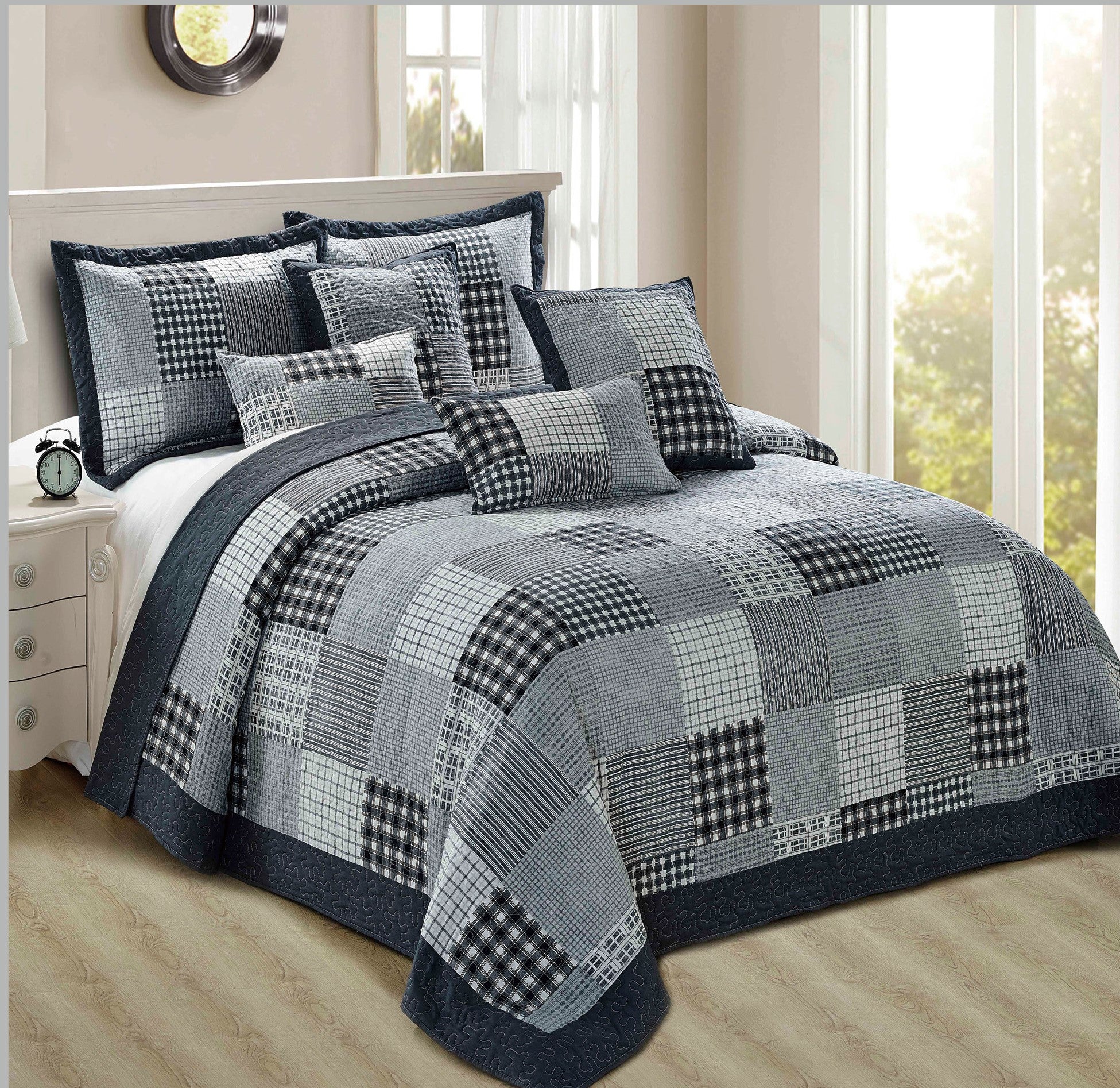 Luxury Quilted Patchwork Embroidered Bedspread Comforter with Pillow Case