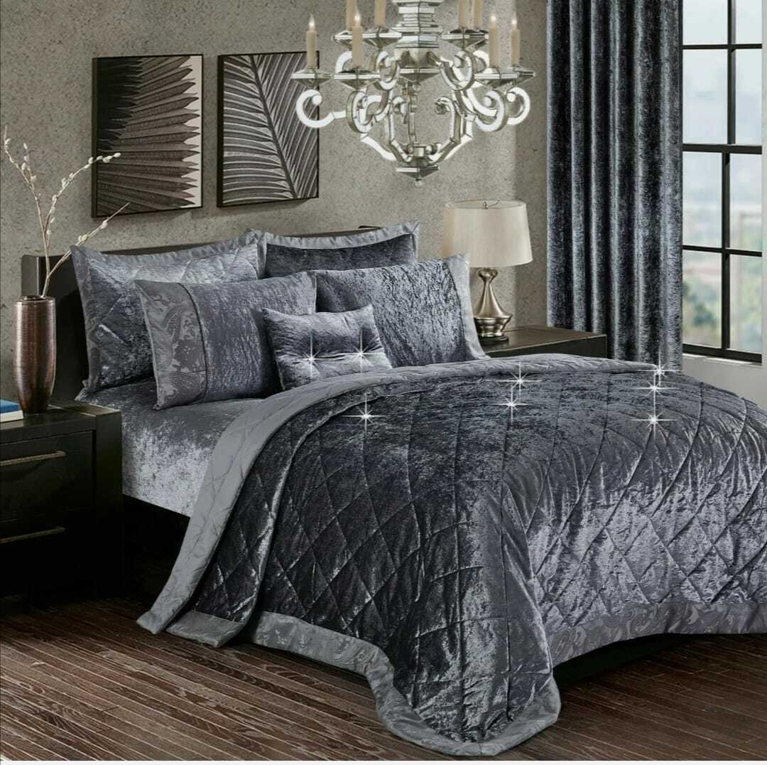 Santiago Crushed Velvet Quilted Bedspread Comforter with Pillow Case