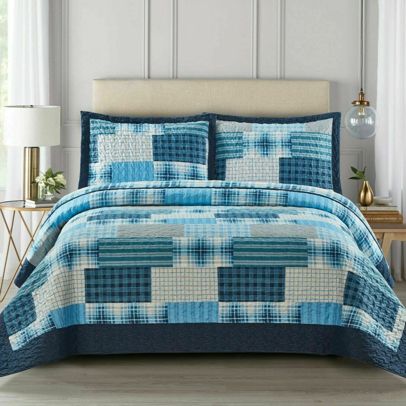 Luxury Quilted Patchwork Embroidered Bedspread Comforter with Pillow Case