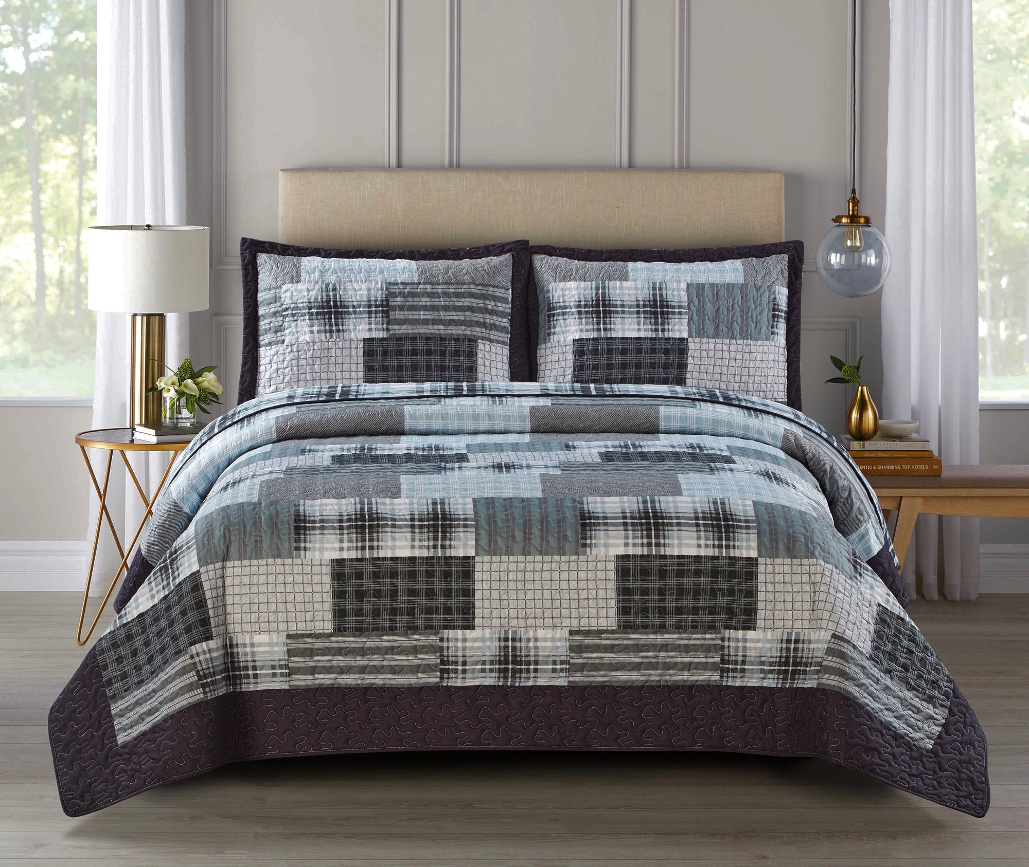 Luxury Quilted Patchwork Embroidered Bedspread Comforter with Pillow Case