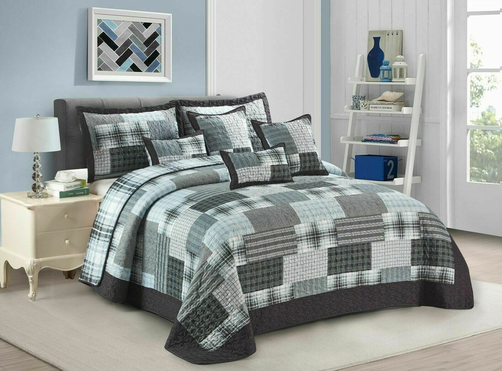 Luxury Quilted Patchwork Embroidered Bedspread Comforter with Pillow Case