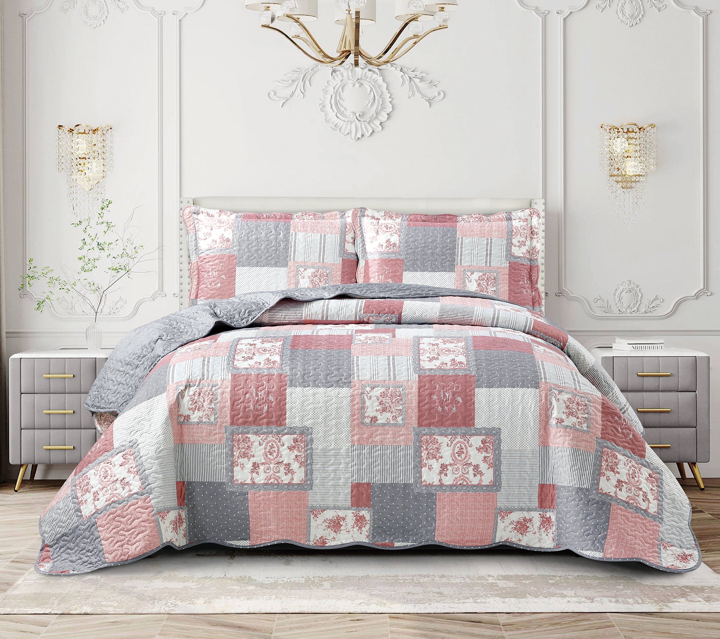 Luxury Quilted Patchwork Embroidered Bedspread Comforter with Pillow Case