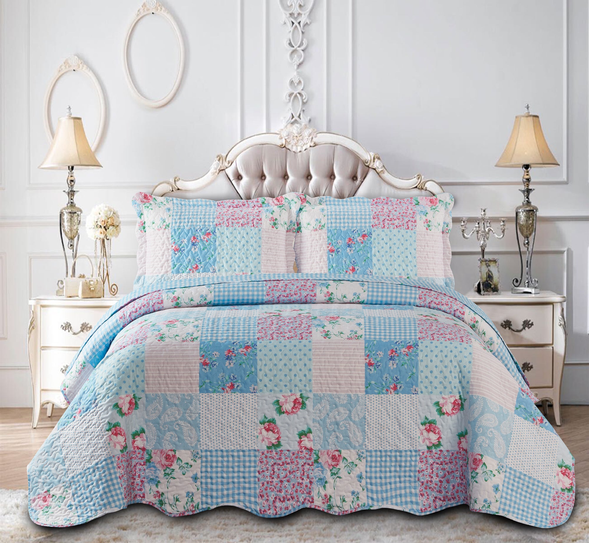 Luxury Quilted Patchwork Embroidered Bedspread Comforter with Pillow Case