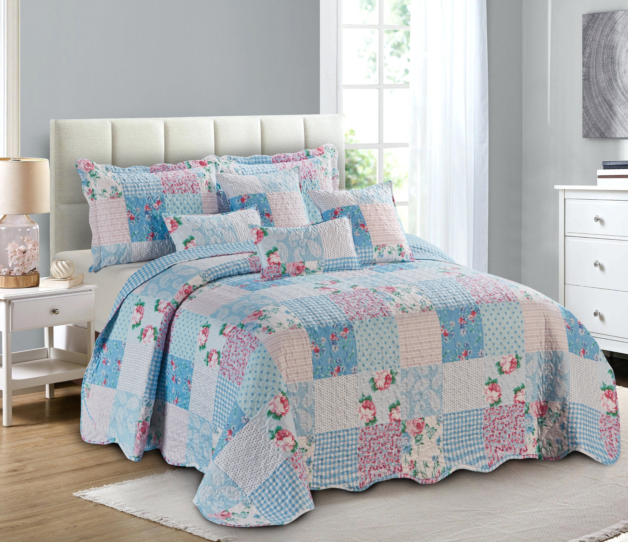 Luxury Quilted Patchwork Embroidered Bedspread Comforter with Pillow Case