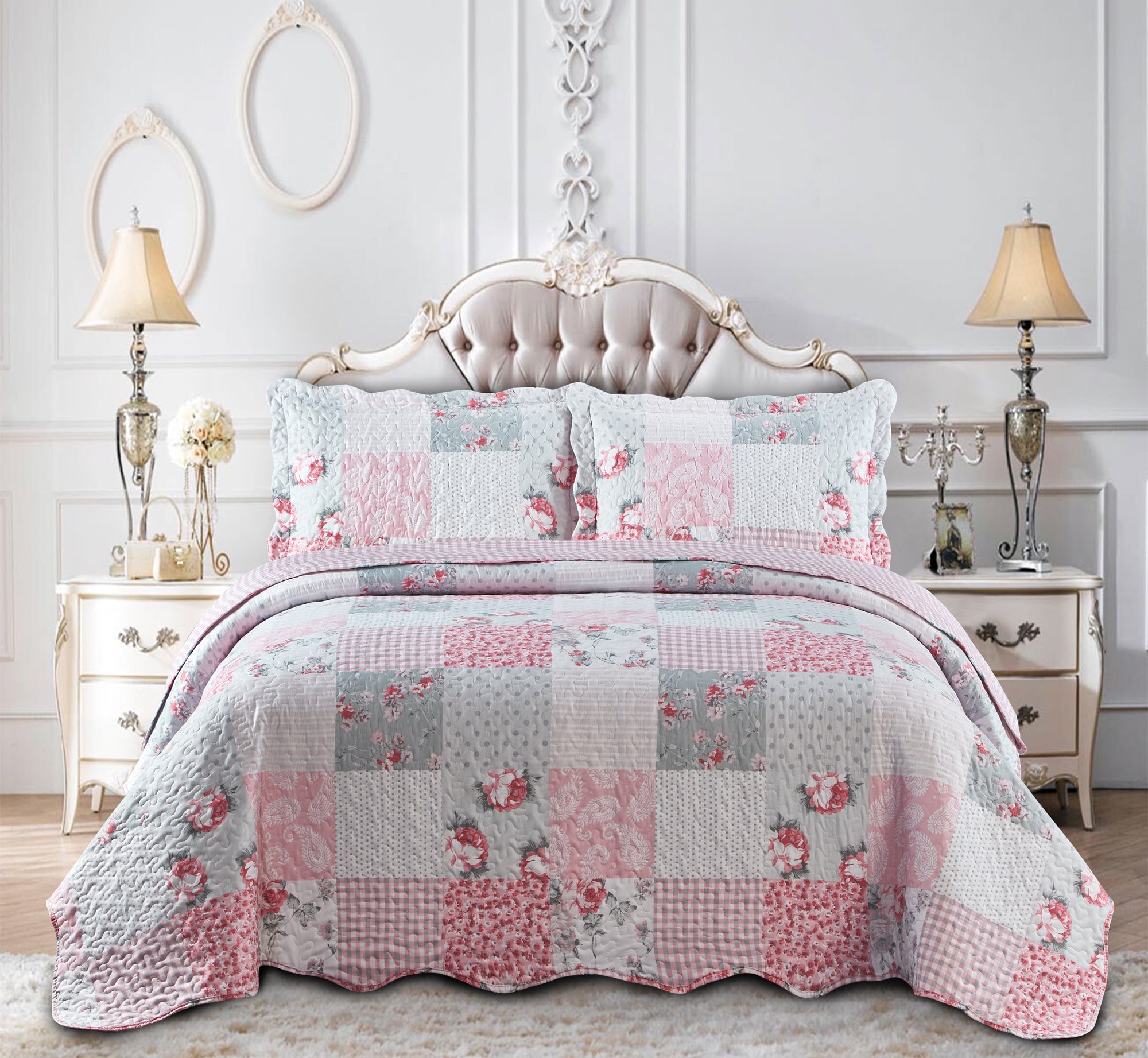 Luxury Quilted Patchwork Embroidered Bedspread Comforter with Pillow Case