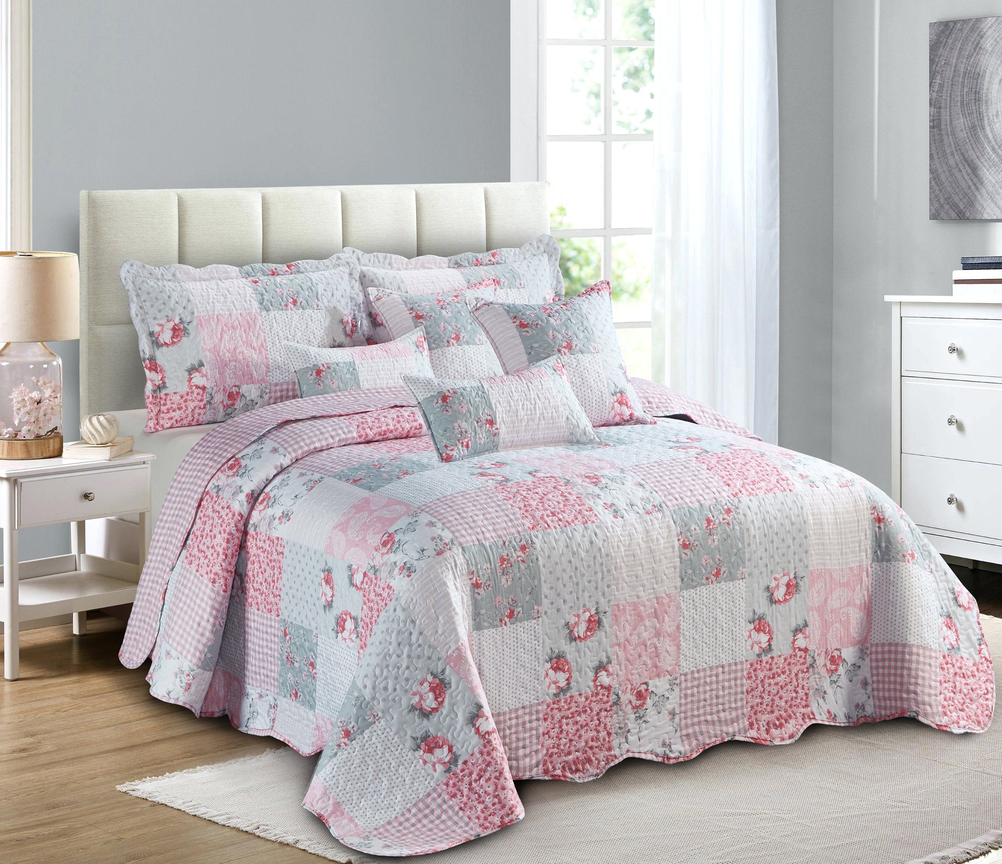 Luxury Quilted Patchwork Embroidered Bedspread Comforter with Pillow Case