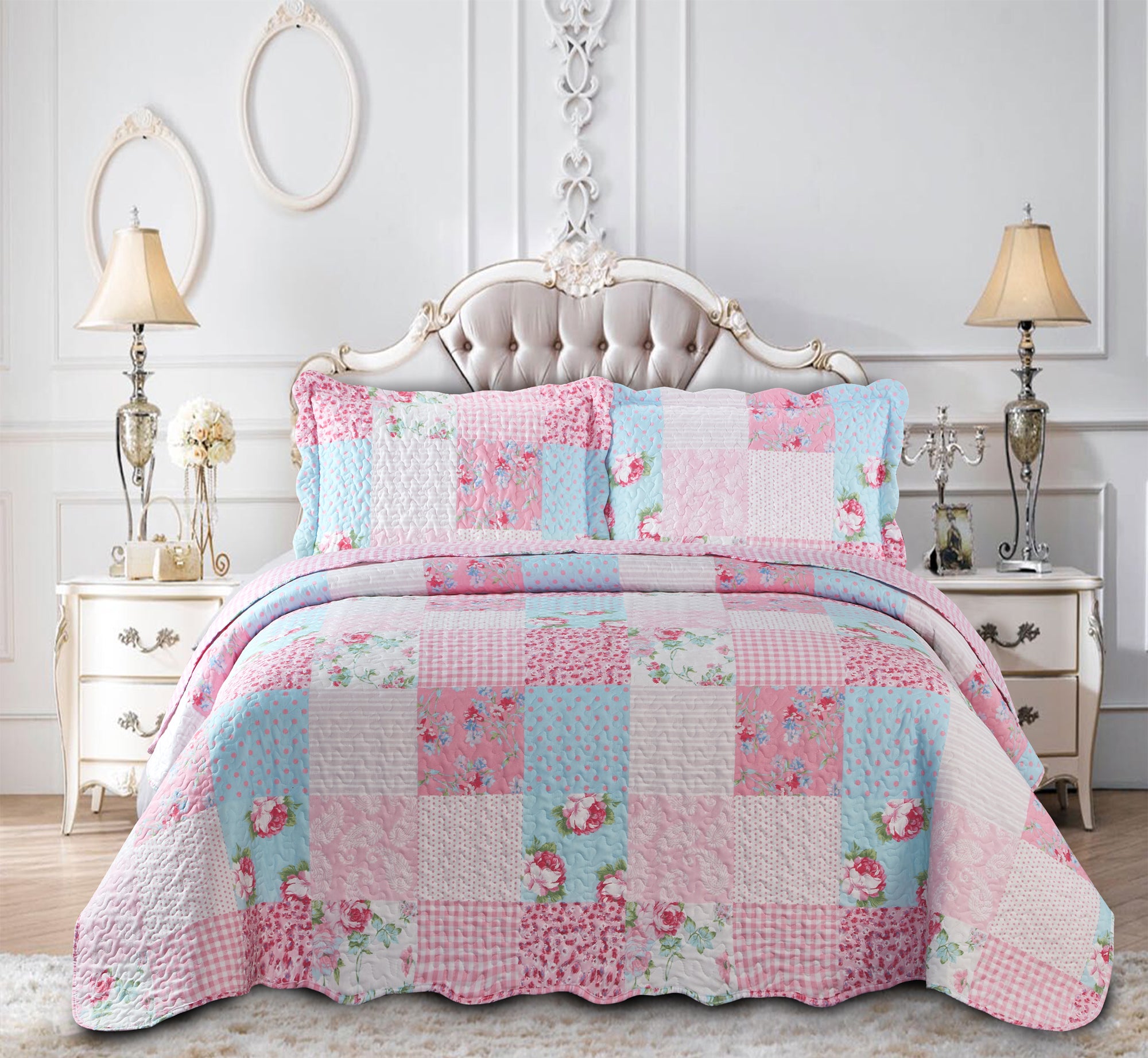 Luxury Quilted Patchwork Embroidered Bedspread Comforter with Pillow Case