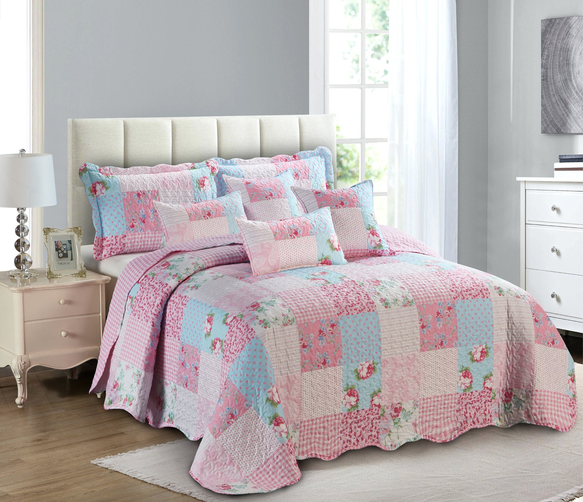 Luxury Quilted Patchwork Embroidered Bedspread Comforter with Pillow Case