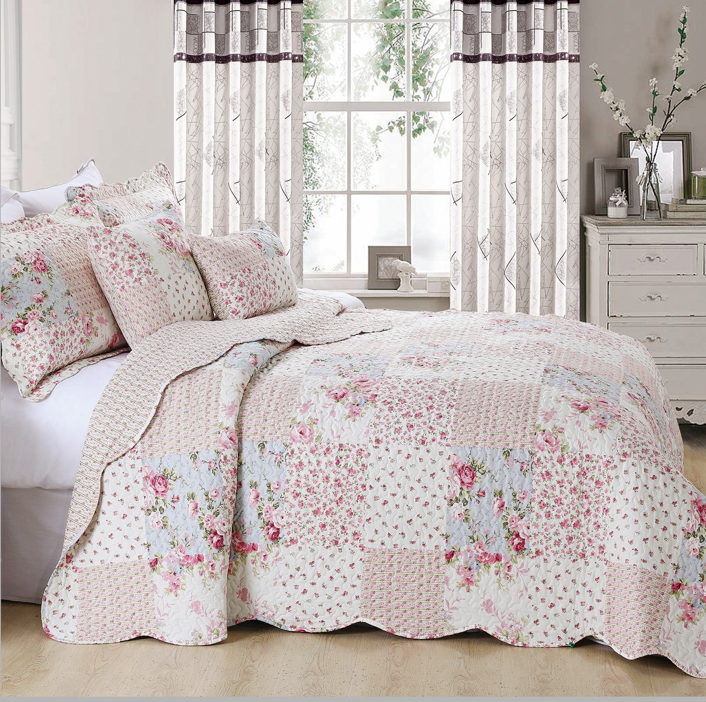 Luxury Quilted Patchwork Embroidered Bedspread Comforter with Pillow Case
