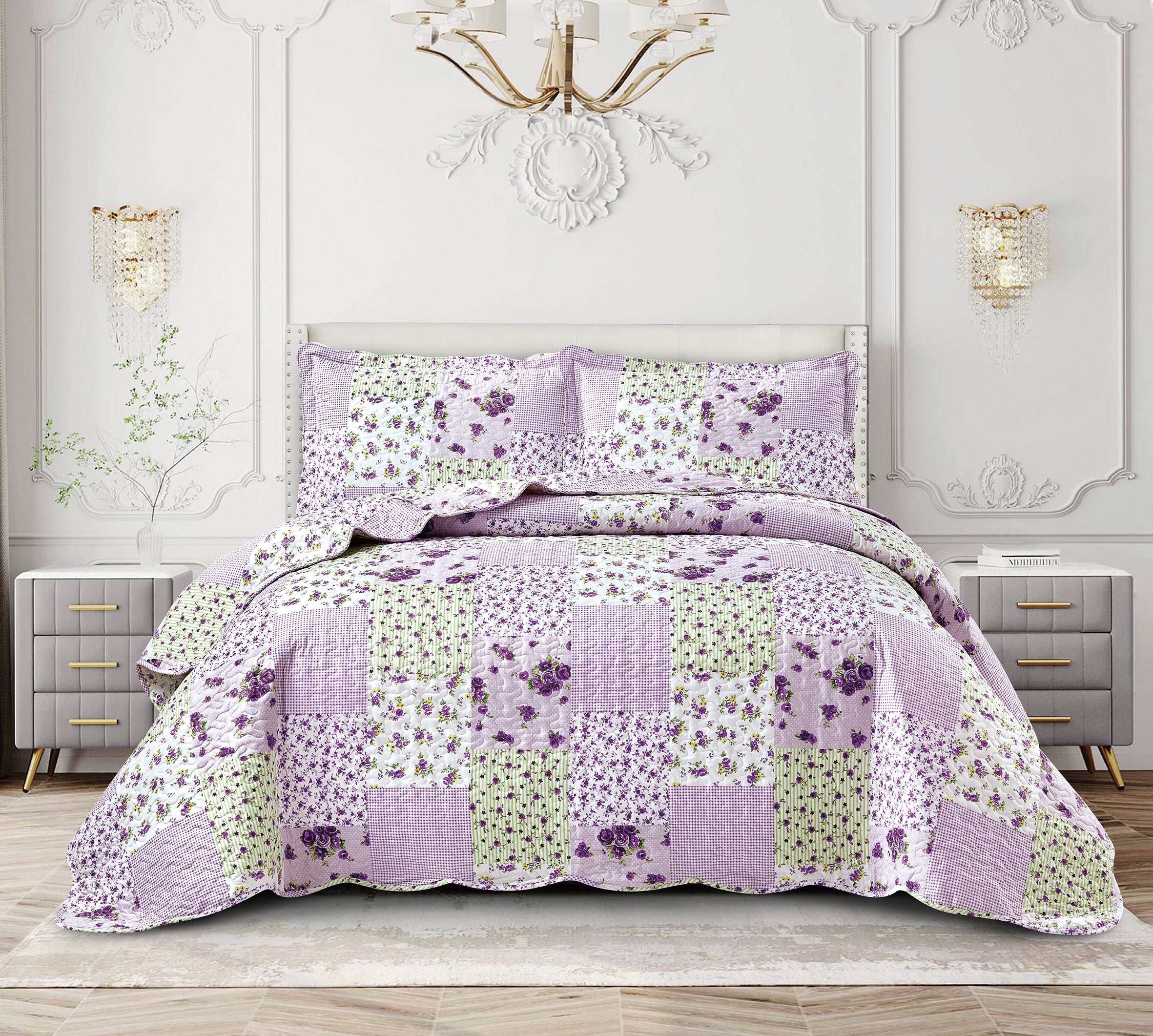 Luxury Quilted Patchwork Embroidered Bedspread Comforter with Pillow Case
