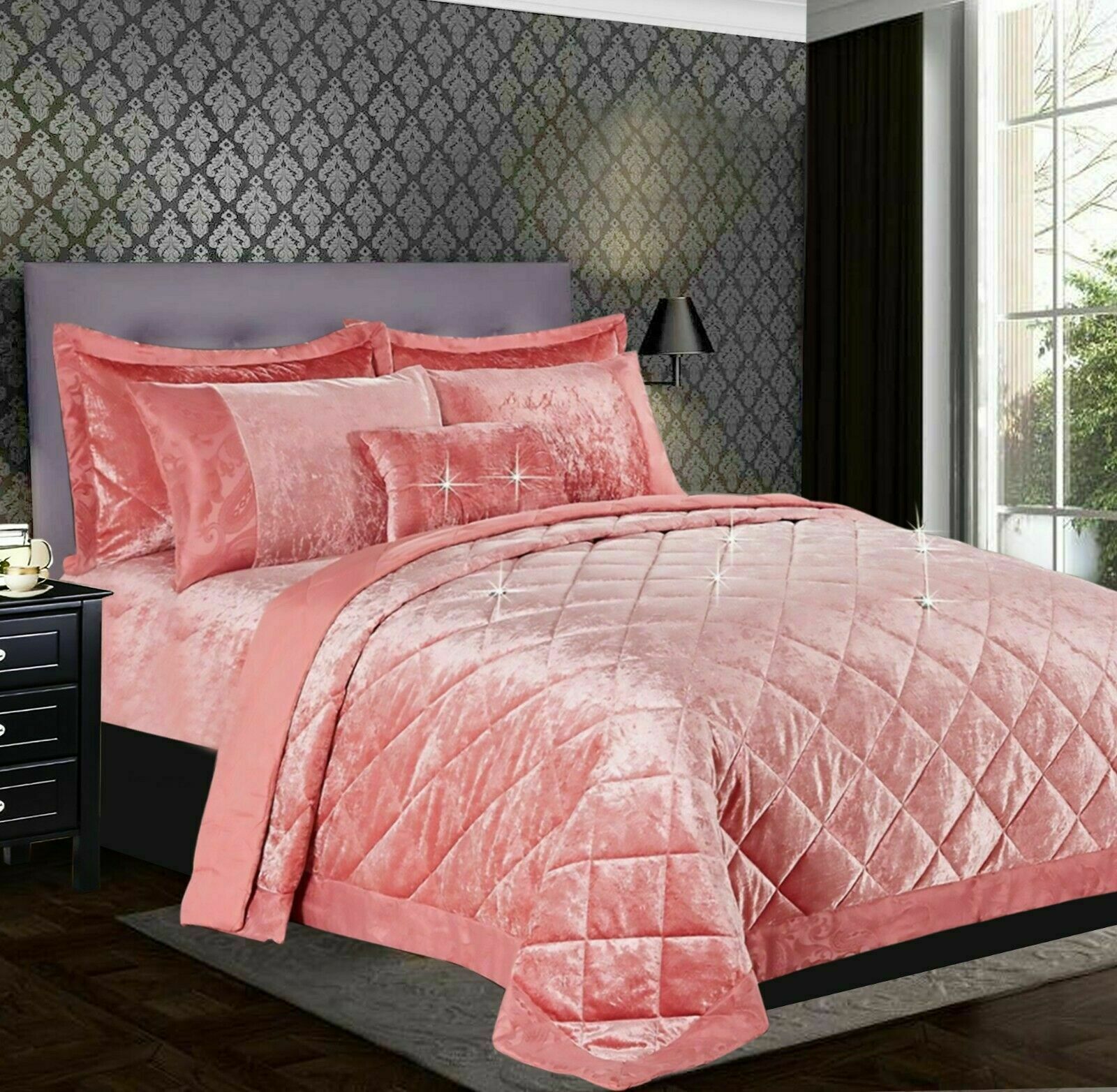 Santiago Crushed Velvet Quilted Bedspread Comforter with Pillow Case