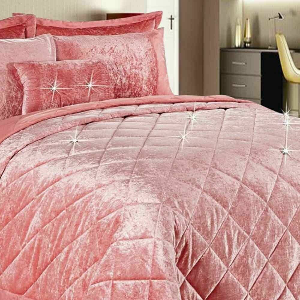 Santiago Crushed Velvet Quilted Bedspread Comforter with Pillow Case