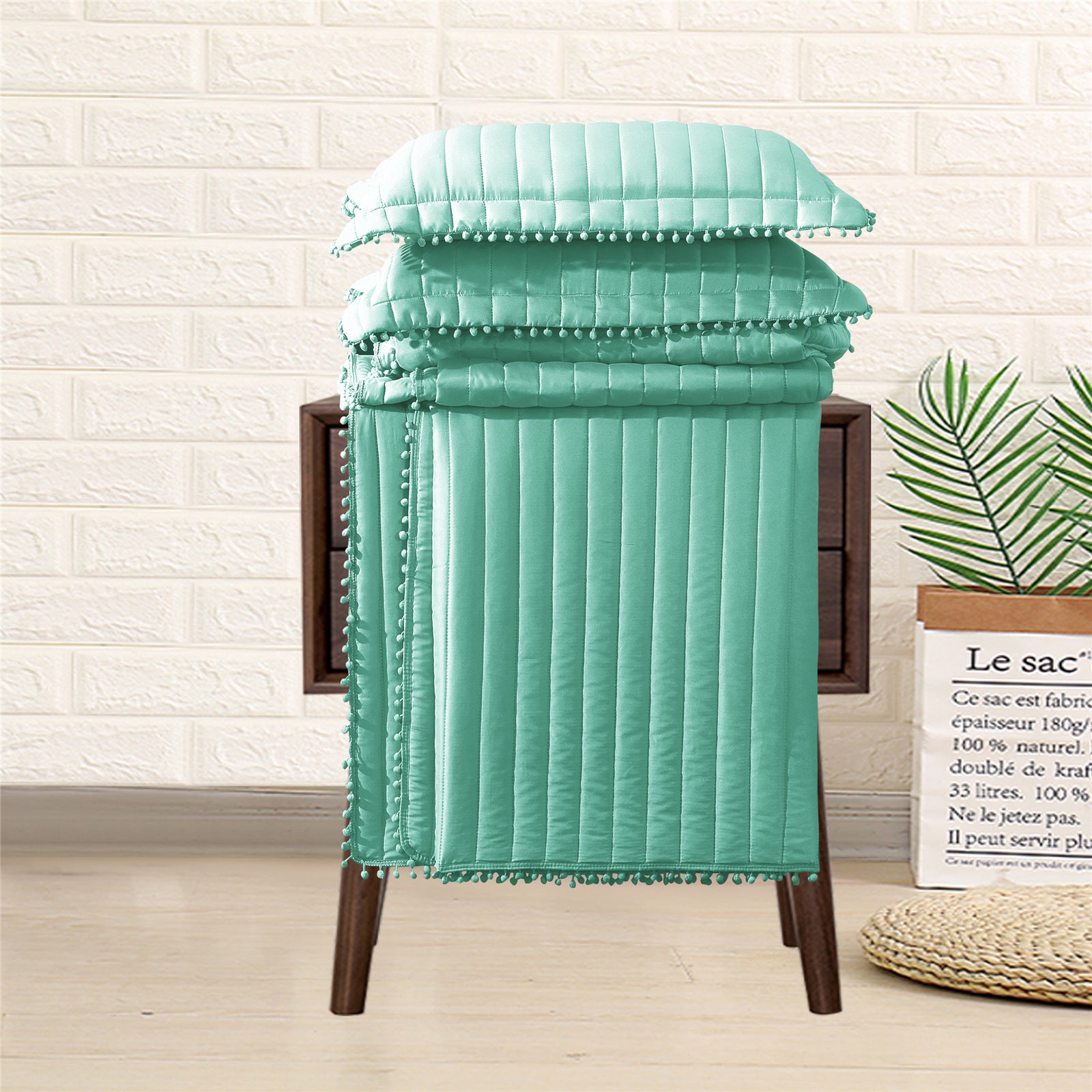 Embossed Quilted Pom Pom Bedspread Comforter with Pillow Case