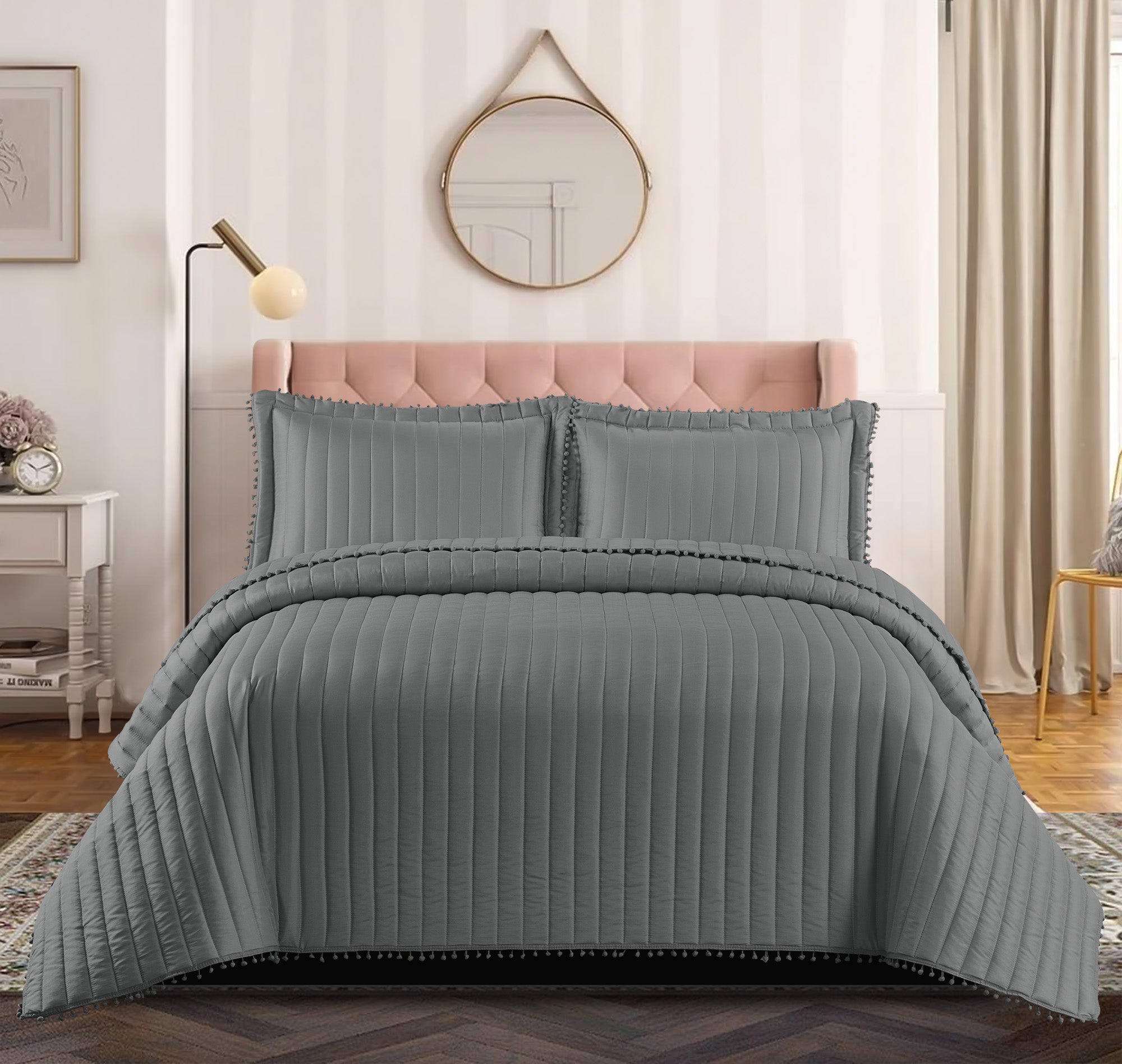 Embossed Quilted Pom Pom Bedspread Comforter with Pillow Case