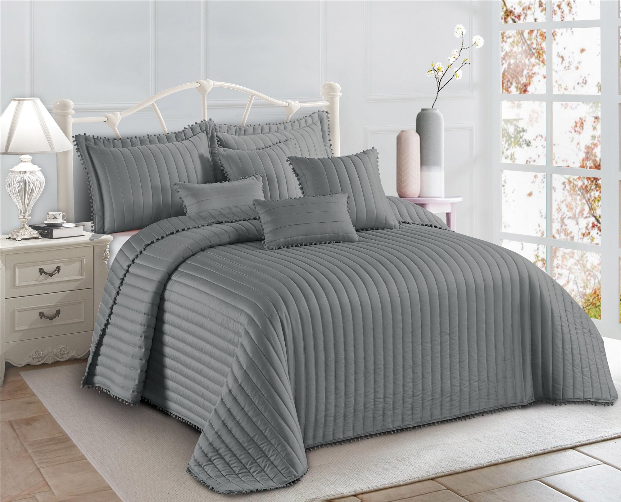 Embossed Quilted Pom Pom Bedspread Comforter with Pillow Case