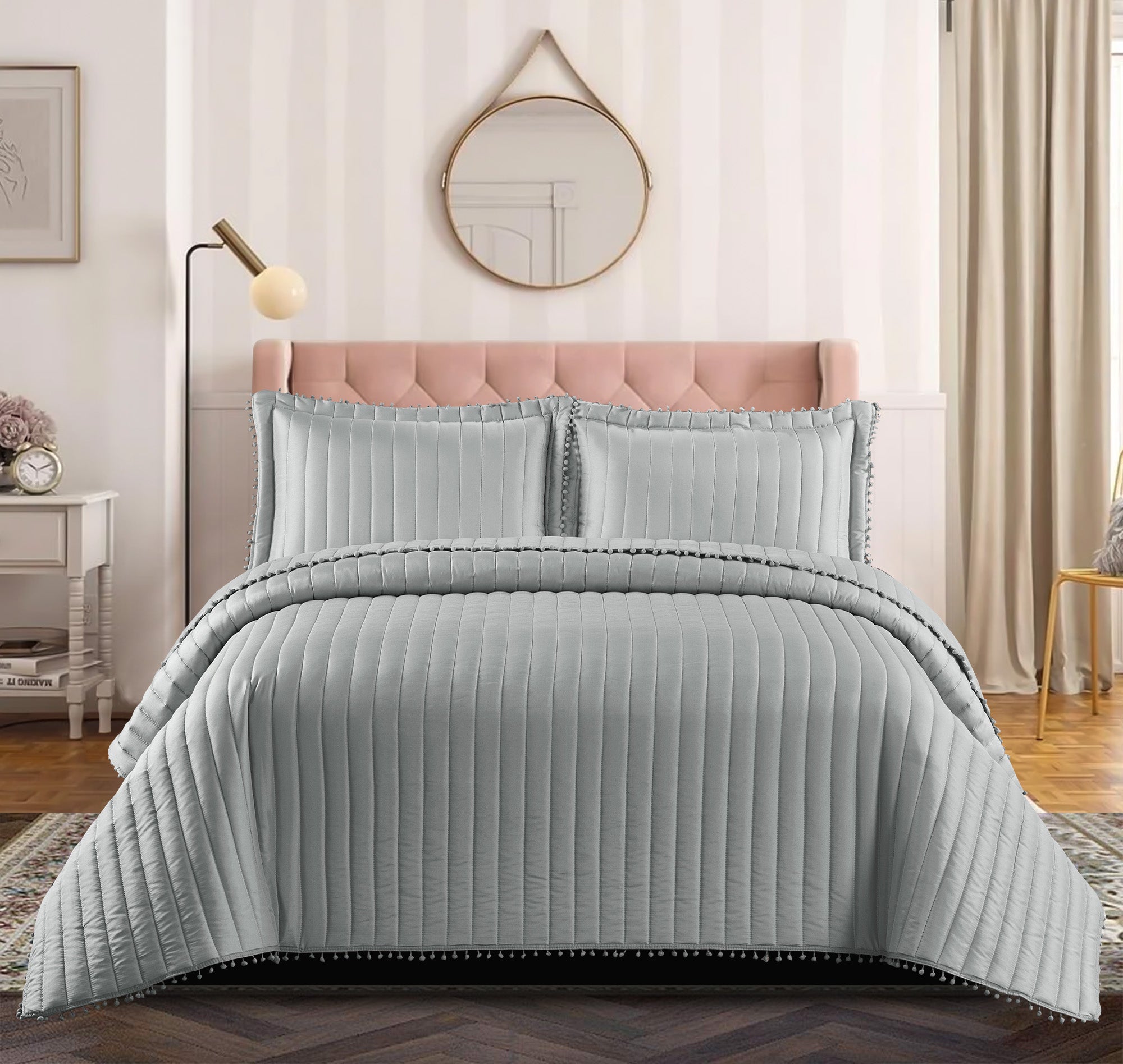 Embossed Quilted Pom Pom Bedspread Comforter with Pillow Case