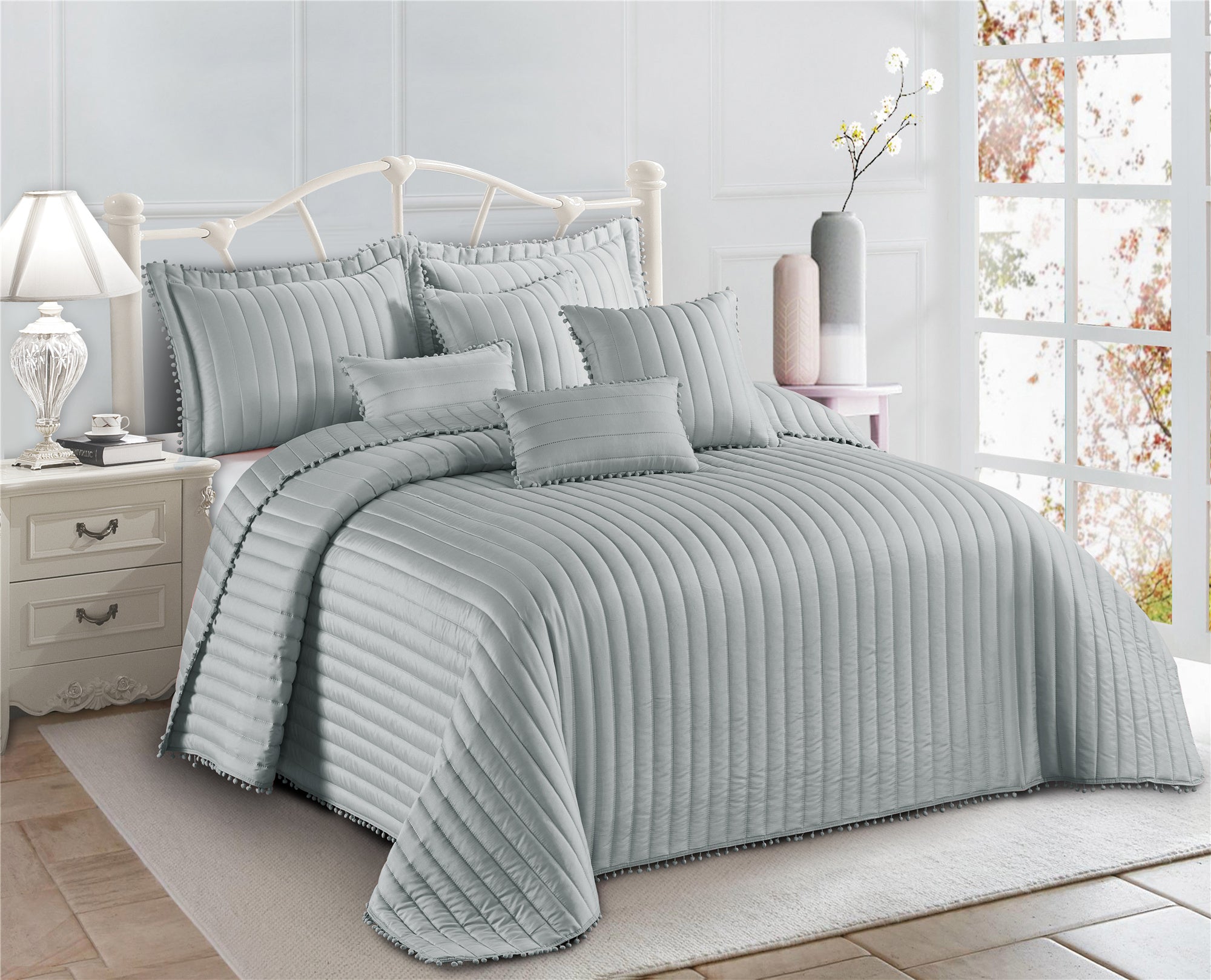 Embossed Quilted Pom Pom Bedspread Comforter with Pillow Case