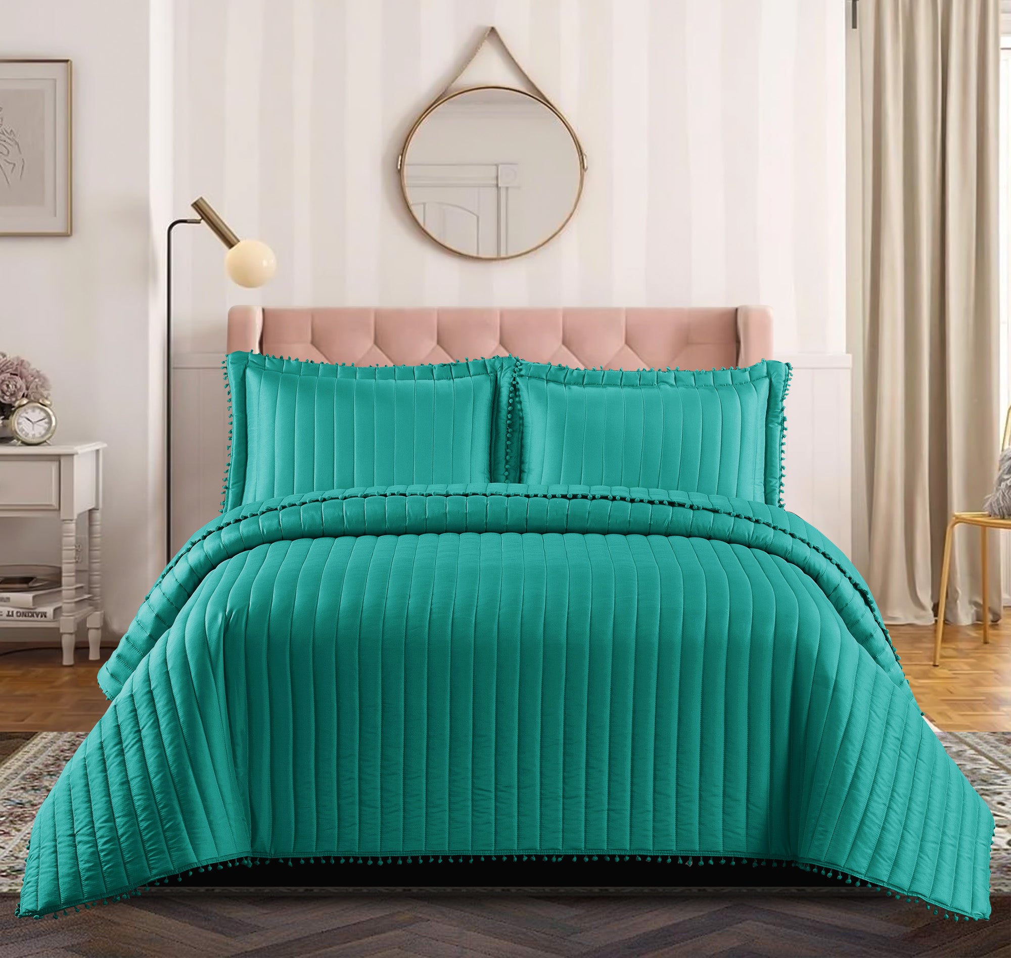 Embossed Quilted Pom Pom Bedspread Comforter with Pillow Case
