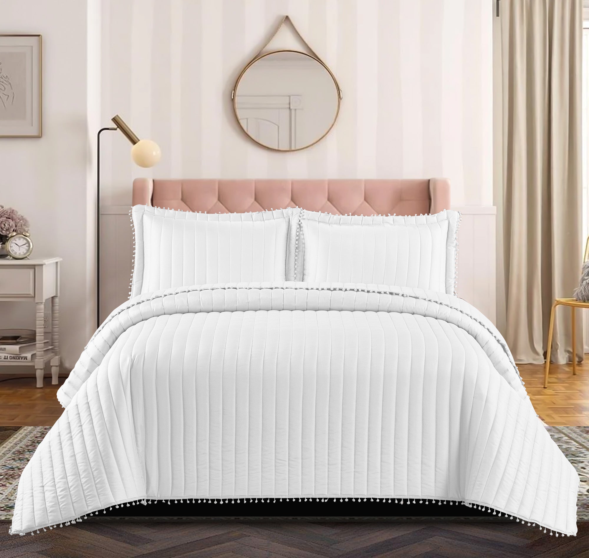 Embossed Quilted Pom Pom Bedspread Comforter with Pillow Case