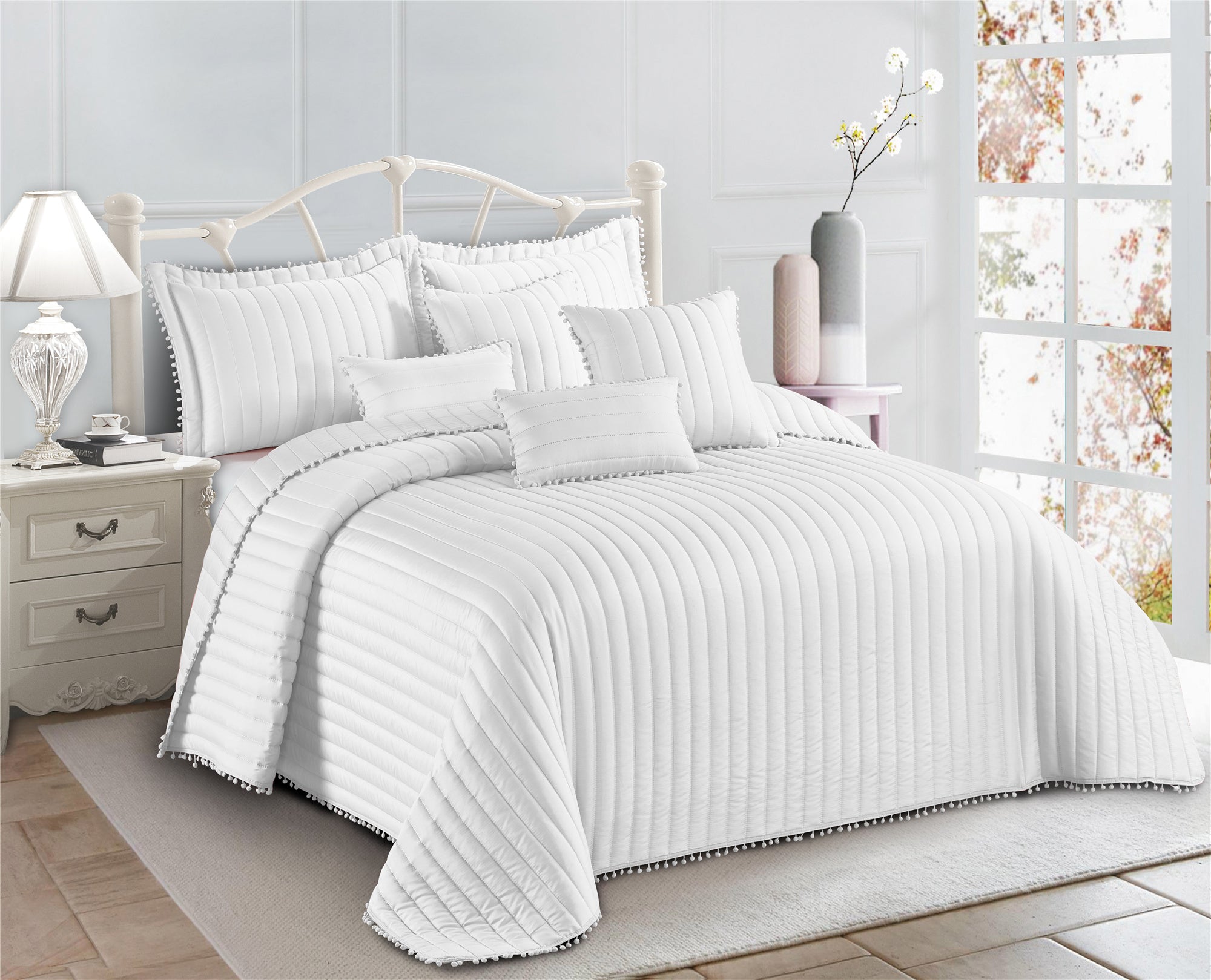 Embossed Quilted Pom Pom Bedspread Comforter with Pillow Case