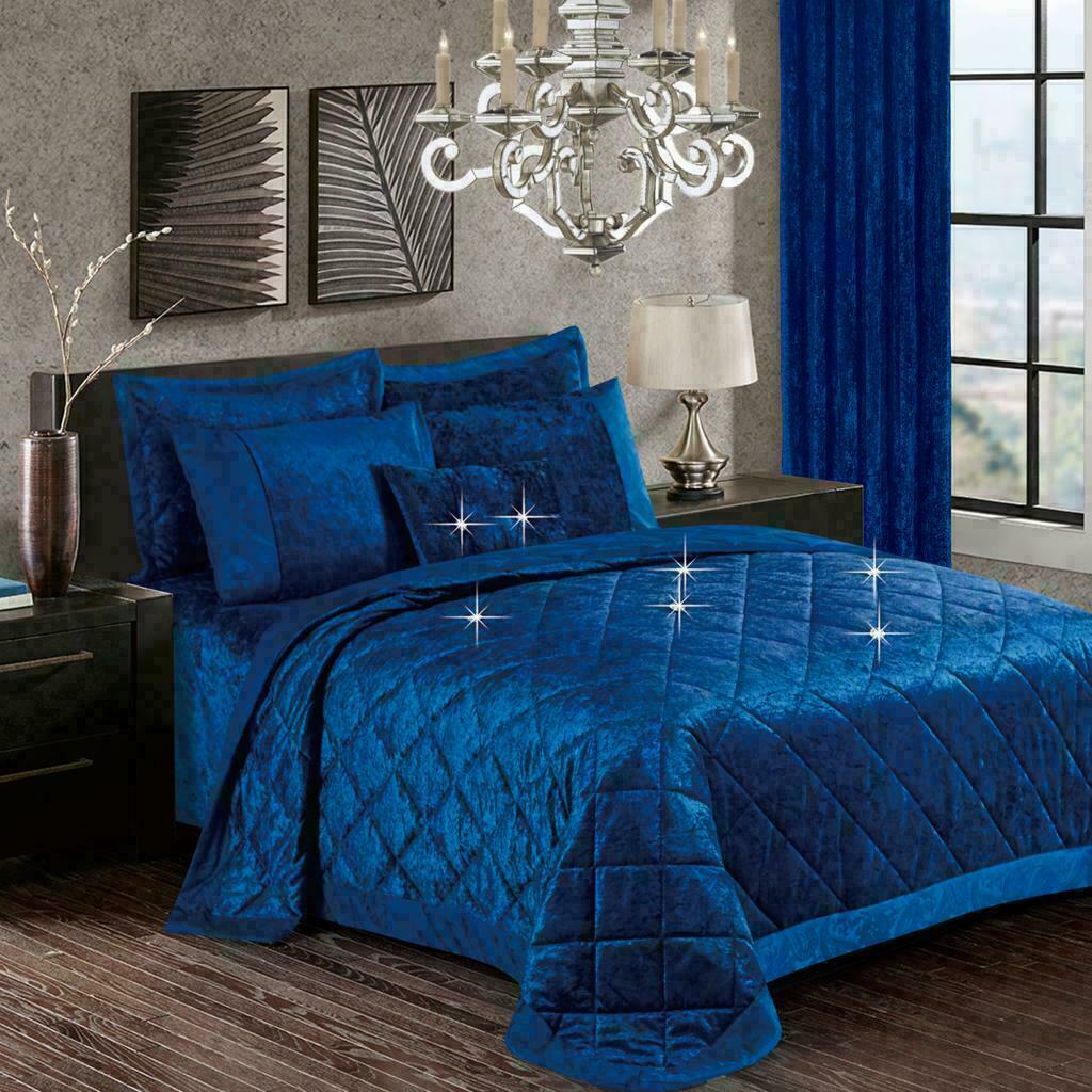 Santiago Crushed Velvet Quilted Bedspread Comforter with Pillow Case