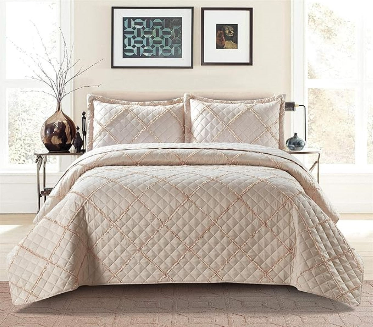 Lightweight Embossed Quilted Ruffle Bedspread Comforter with Pillow Case