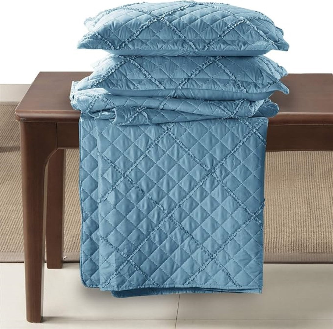 Lightweight Embossed Quilted Ruffle Bedspread Comforter with Pillow Case