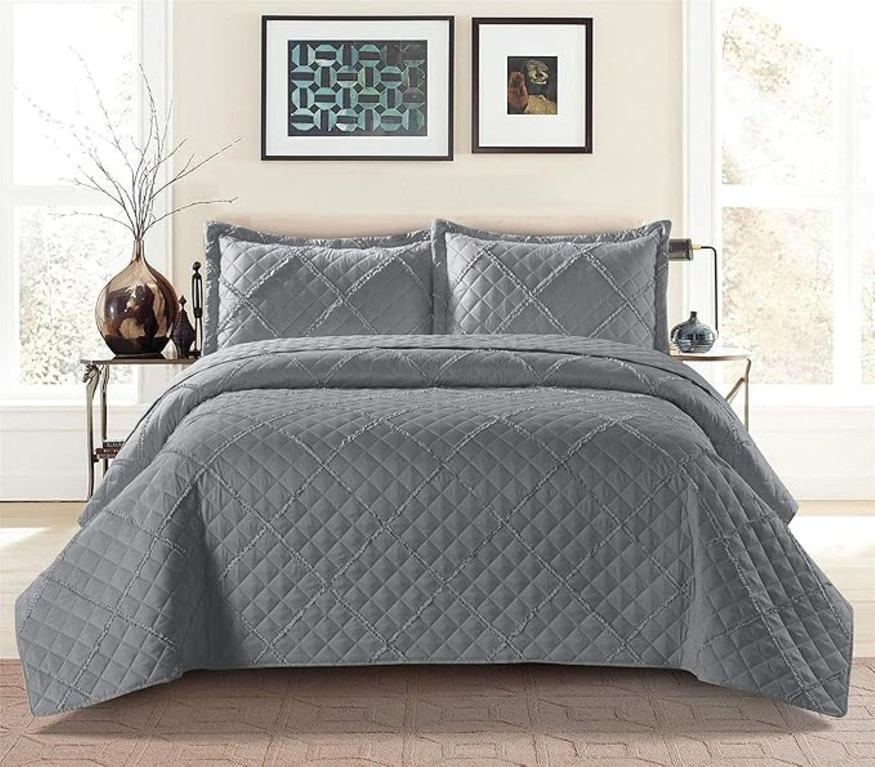 Lightweight Embossed Quilted Ruffle Bedspread Comforter with Pillow Case