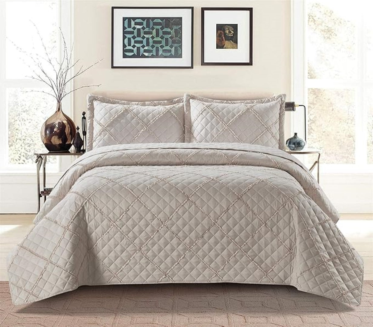 Lightweight Embossed Quilted Ruffle Bedspread Comforter with Pillow Case