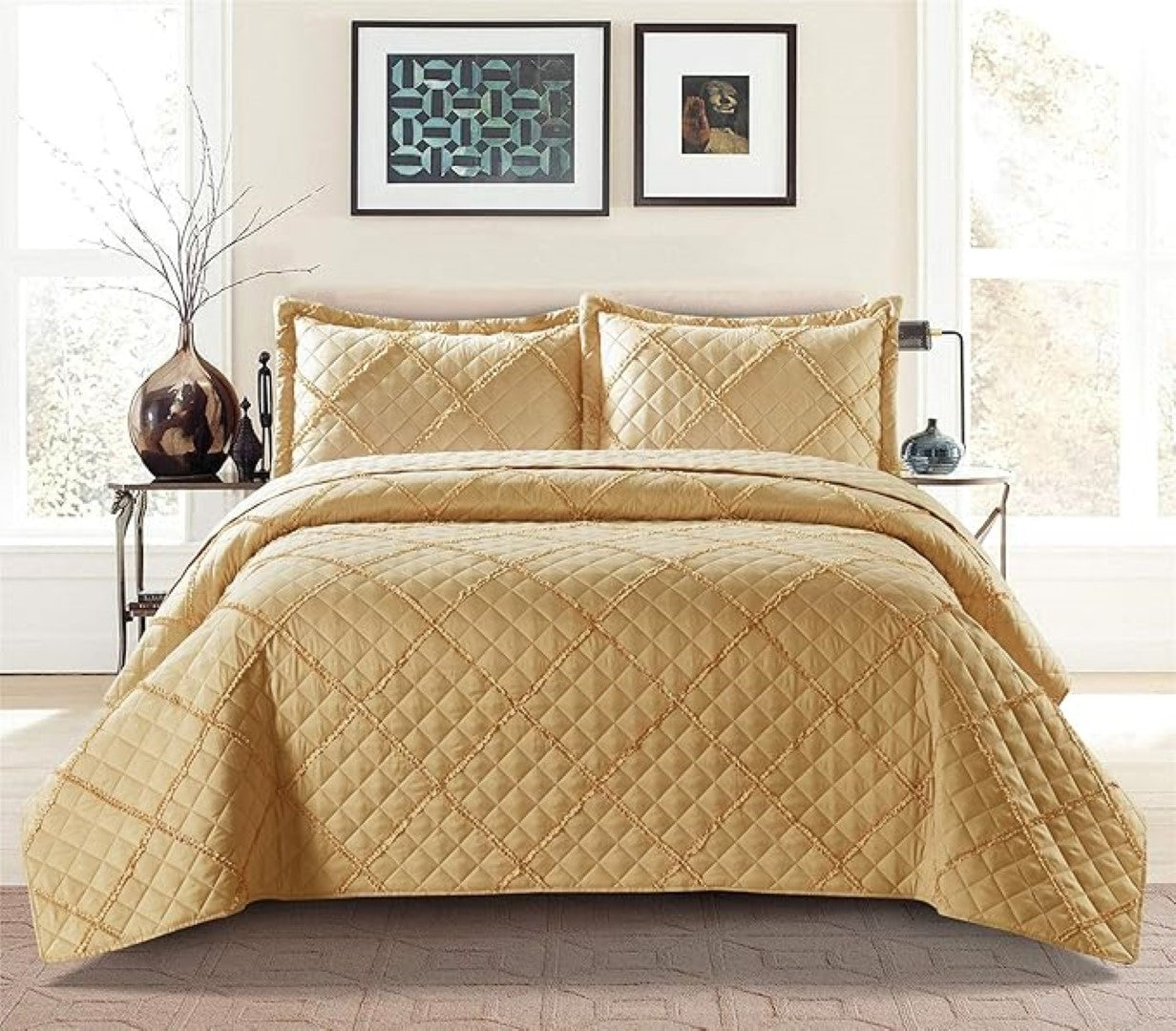 Lightweight Embossed Quilted Ruffle Bedspread Comforter with Pillow Case