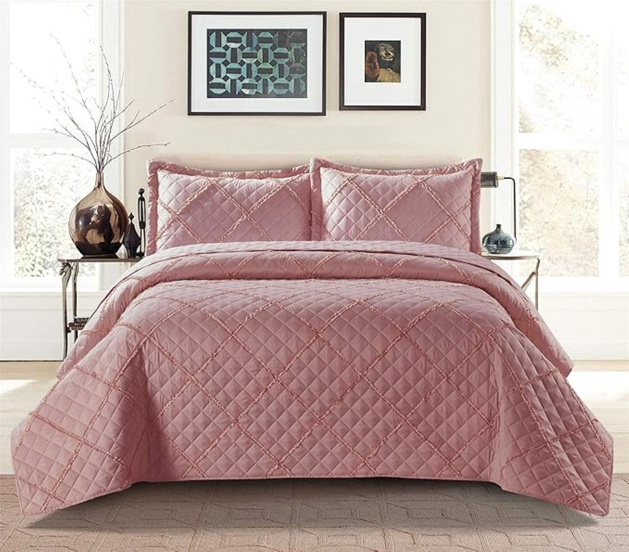 Lightweight Embossed Quilted Ruffle Bedspread Comforter with Pillow Case