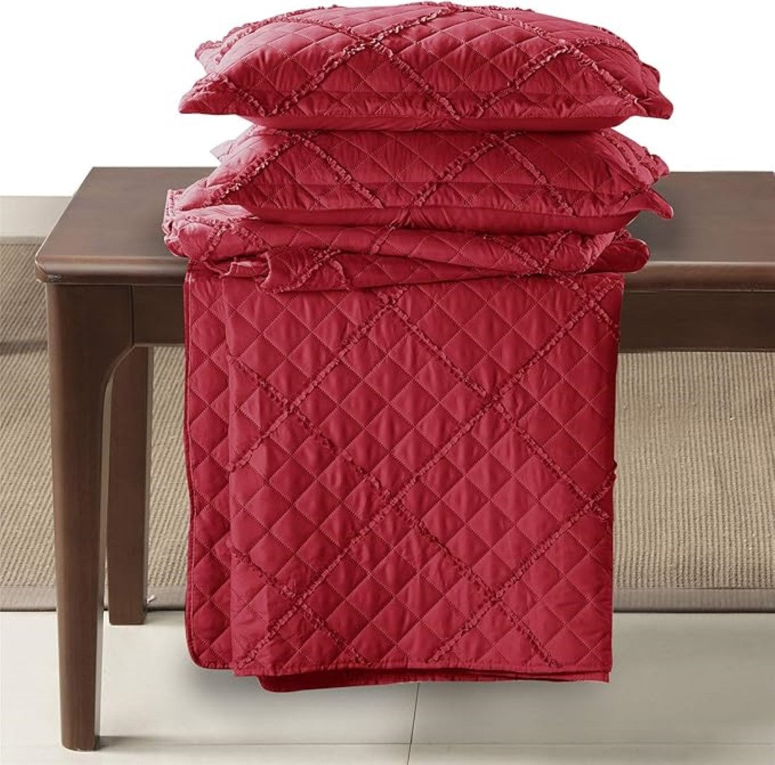 Lightweight Embossed Quilted Ruffle Bedspread Comforter with Pillow Case