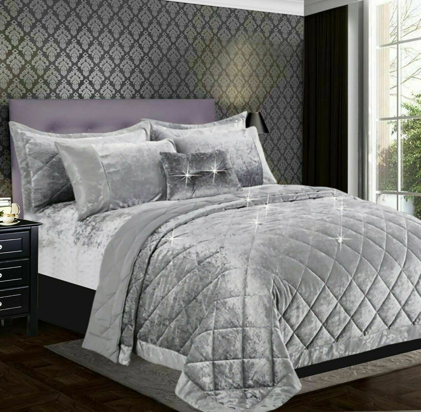 Santiago Crushed Velvet Quilted Bedspread Comforter with Pillow Case