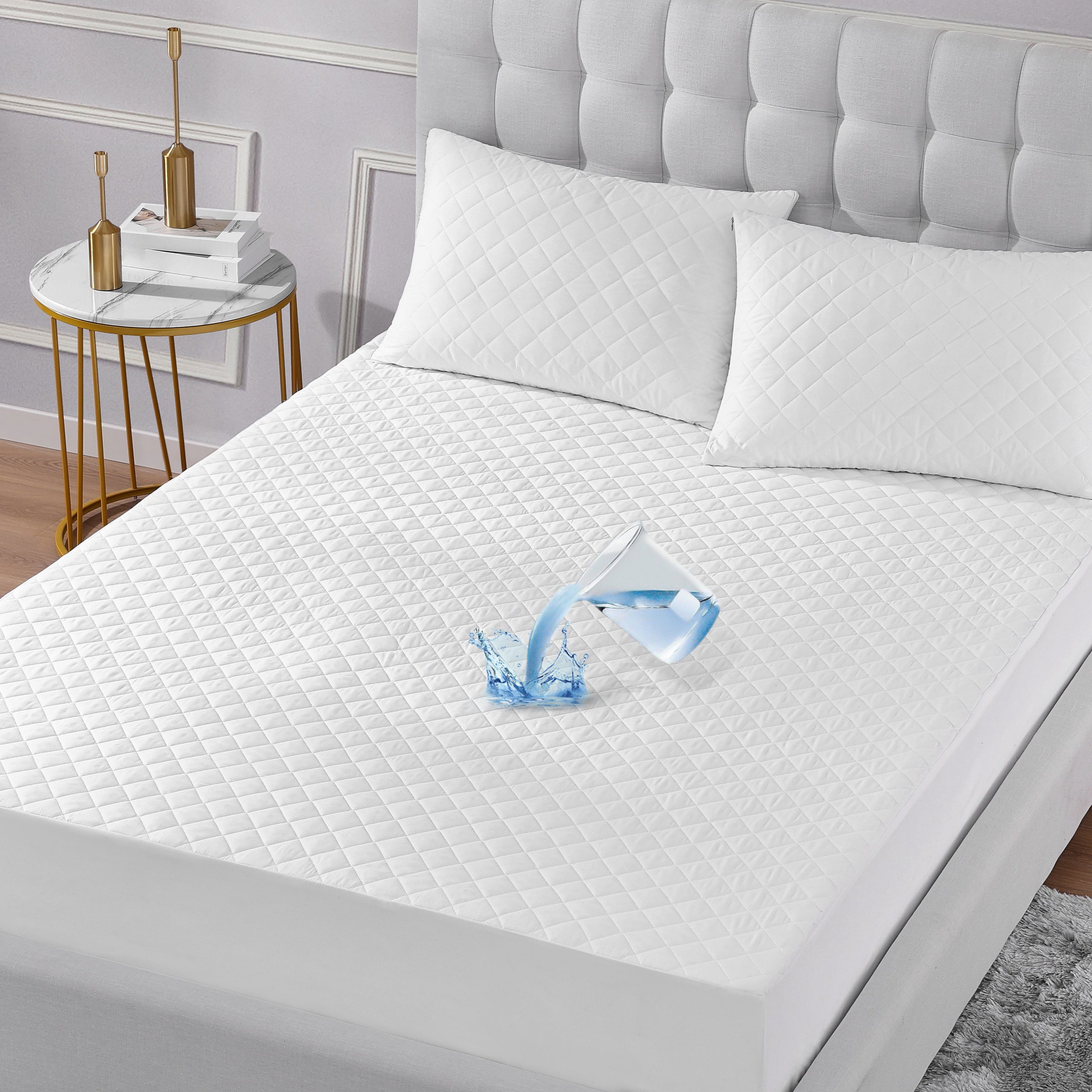 Waterproof Quilted Mattress Protector - Extra Deep 35 Cm Stretch Skirt Mattress Cover Bed Pad Fitted Mattress Topper (White)