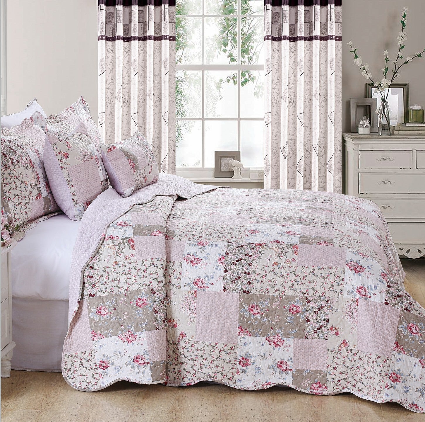 Luxury Quilted Patchwork Embroidered Bedspread Comforter with Pillow Case