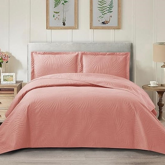 Embossed Quilted Tropical Leaf Bedspread Comforter With Pillow Case