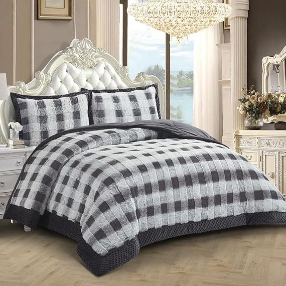 Lightweight Quilted Checkered Pattern Fur Bedspread Comforter with Pillow Case