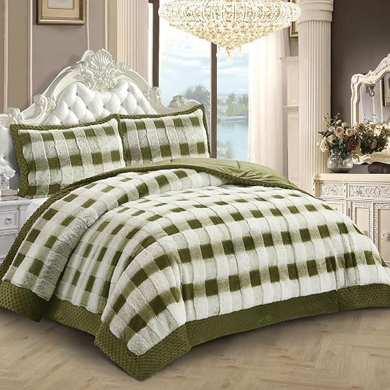 Lightweight Quilted Checkered Pattern Fur Bedspread Comforter with Pillow Case