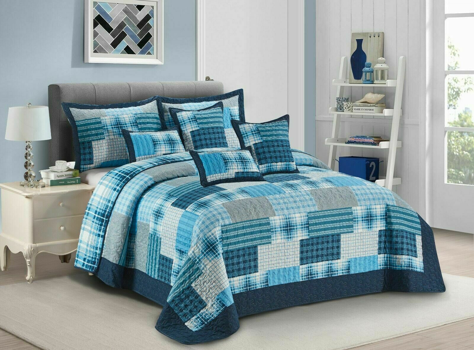 Luxury Quilted Patchwork Embroidered Bedspread Comforter with Pillow Case