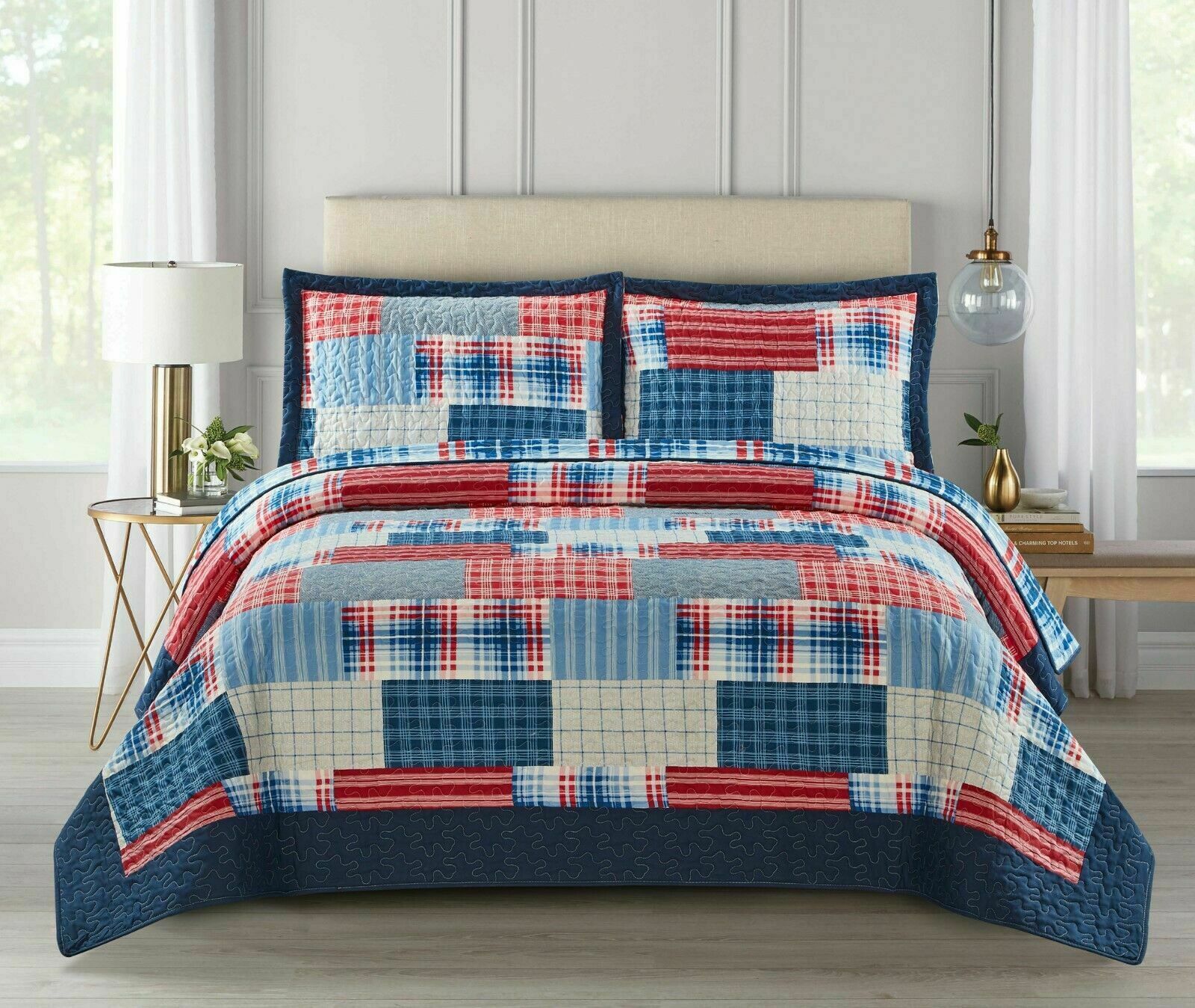 Luxury Quilted Patchwork Embroidered Bedspread Comforter with Pillow Case